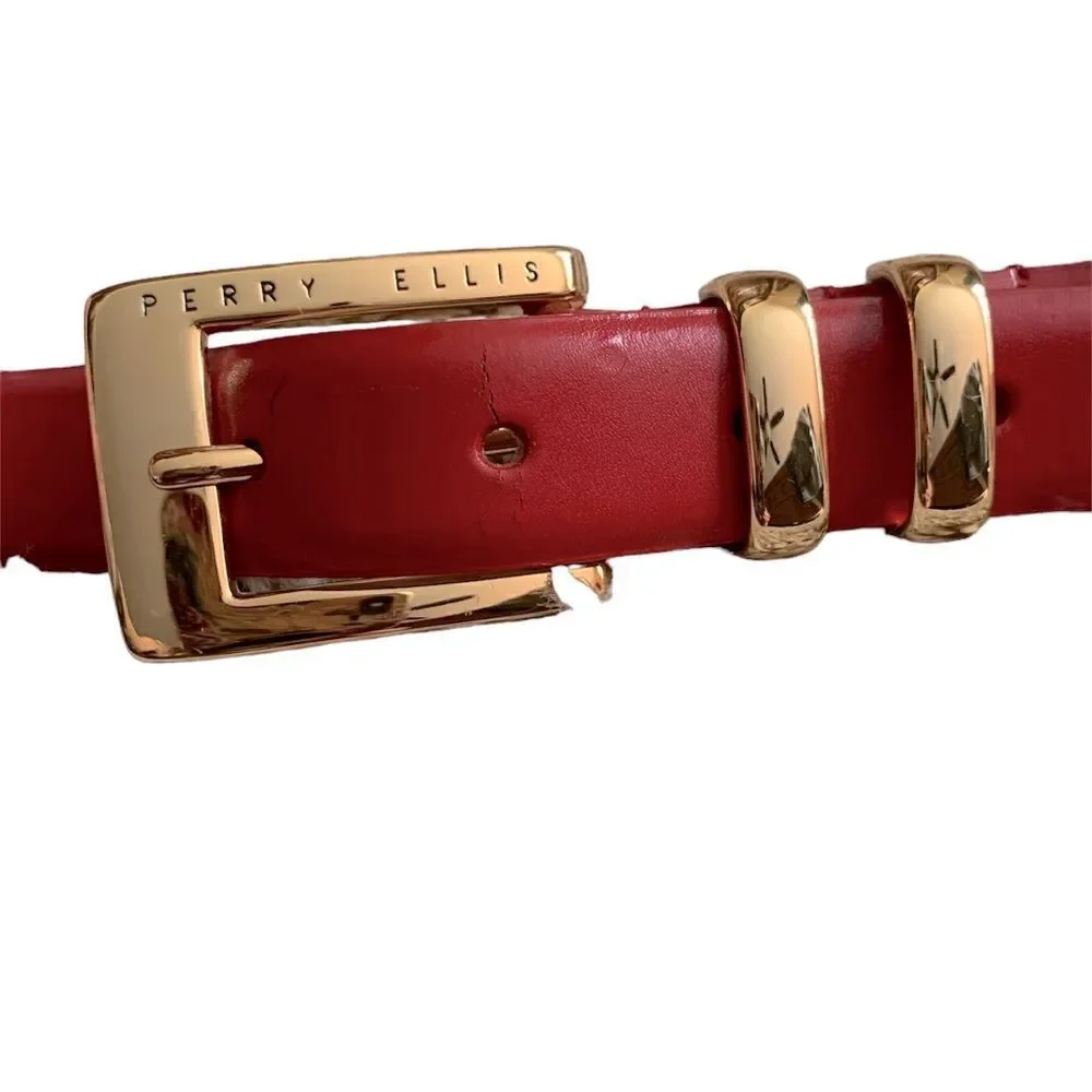 Perry Ellis Red & Gold Leather Belt Size XL